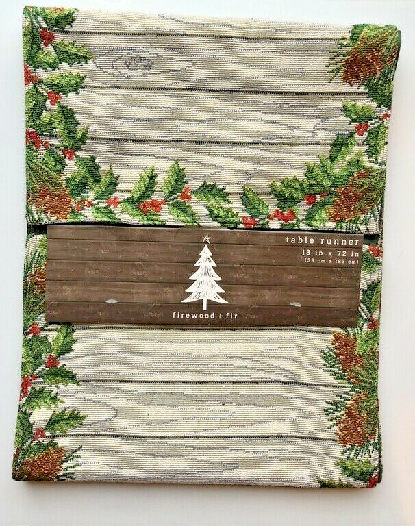 Christmas Holly Berries Table Runner Embroidered Tapestry Pinecone Rustic 13x72