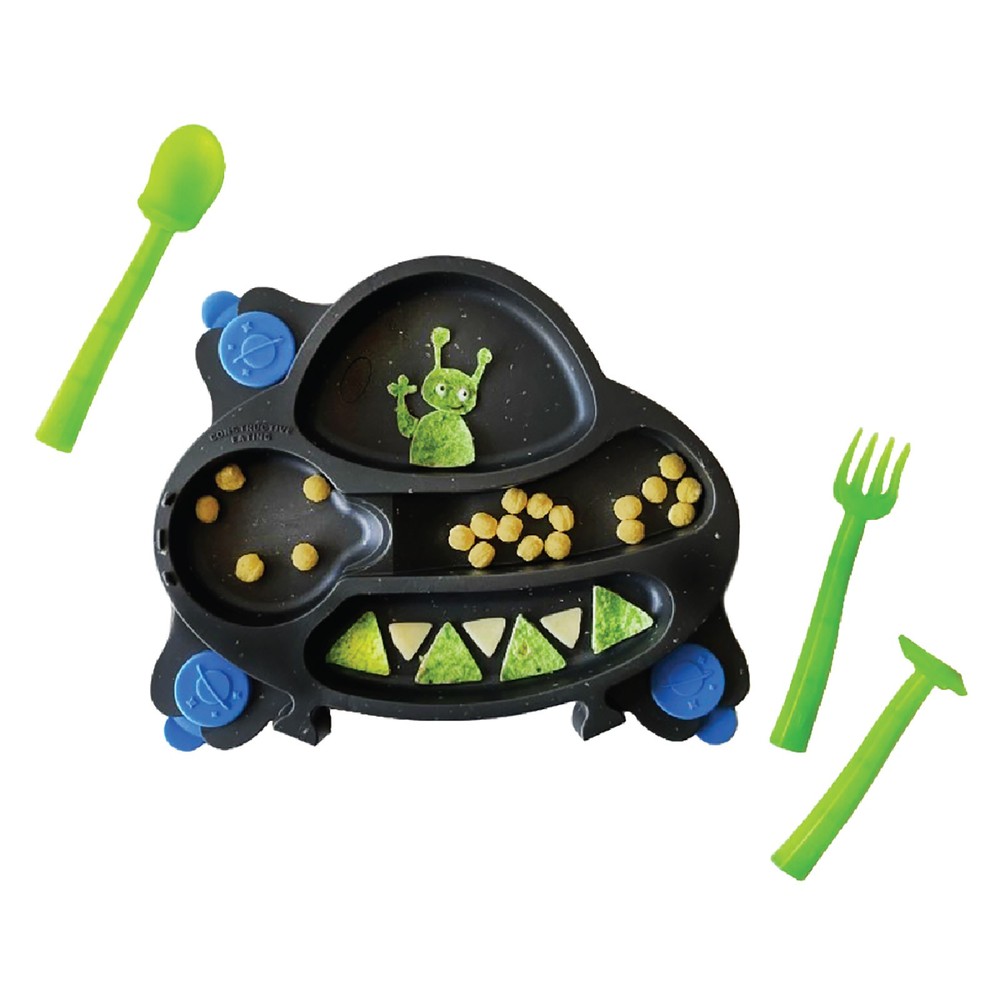 Constructive Eating UFO Theme Divided Suction Training Plate and Utensils for