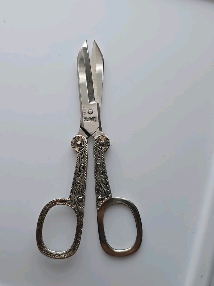 Japanese Sterling Folding Sewing Scissors Etched Design with Case