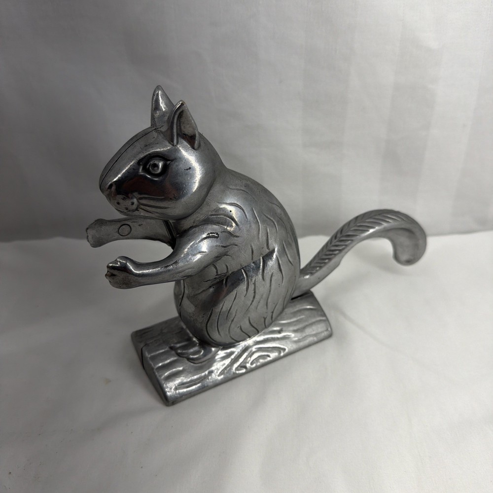 Vintage Aluminum Metal Squirrel on Log Nutcracker