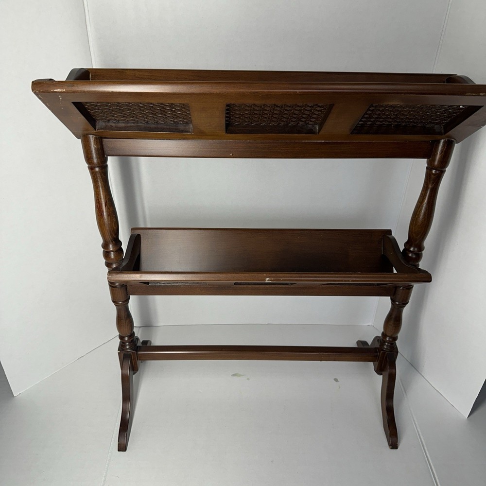 MCM Woven Wicker & Solid Wood Library Book Trough Floor Stand - 2 Tier