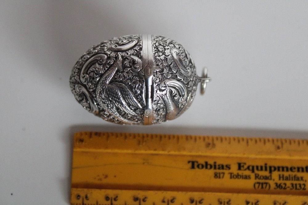 Antique 19th Century Sterling Silver Phoenix Egg Etui Thimble Case & Thimble