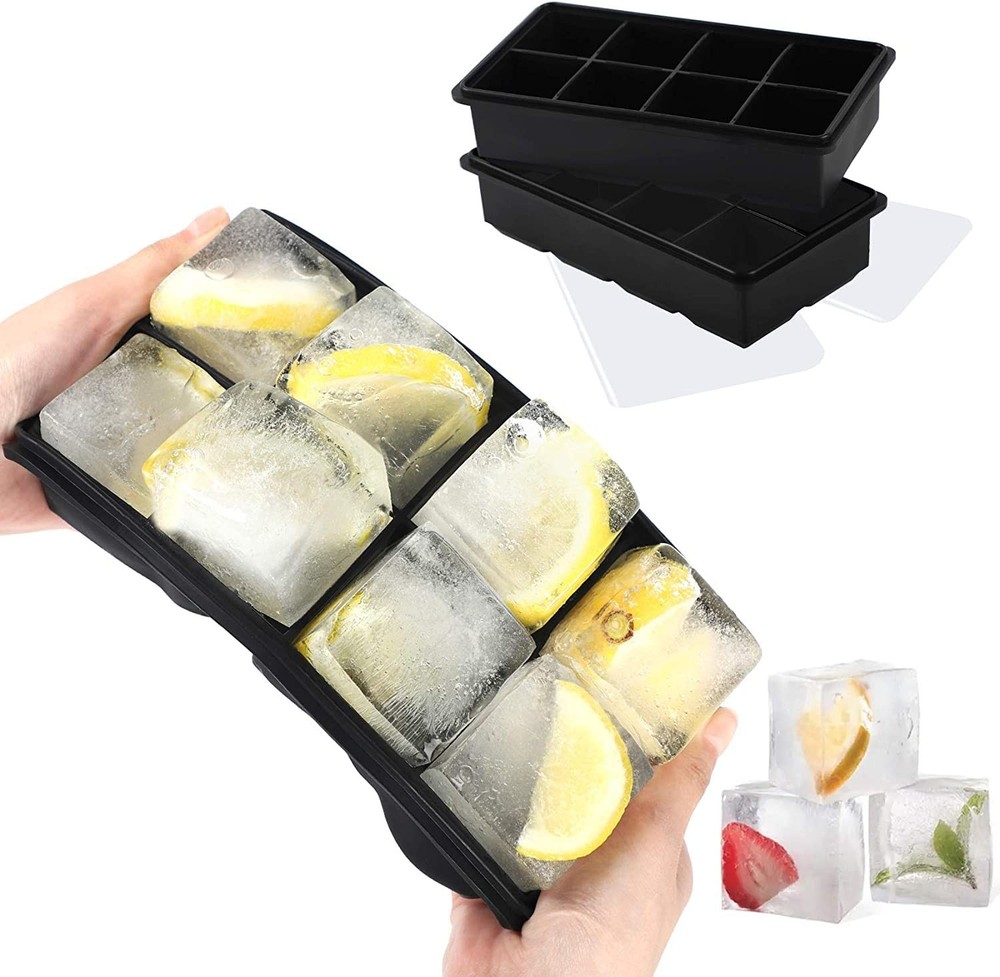 LessMo Ice Cube Tray with Lid - 2 Pack Large Silicone Large, Black