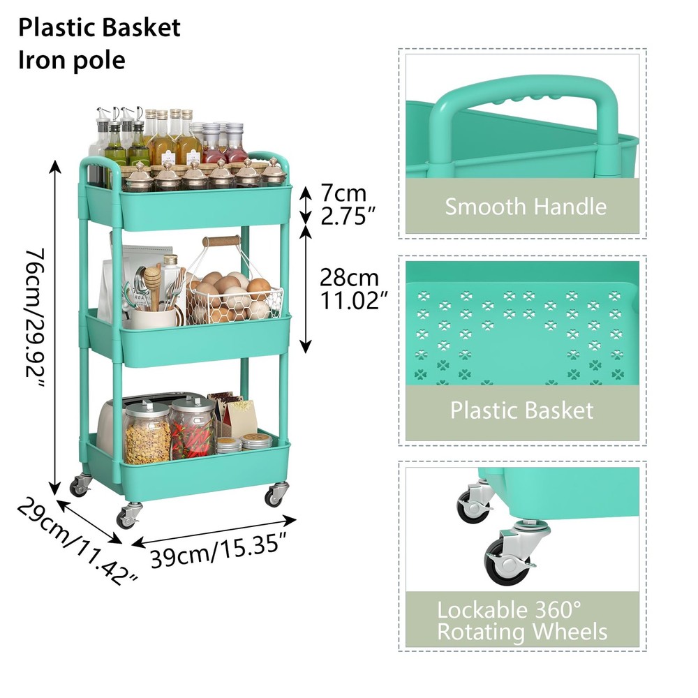 Sywhitta 3-Tier Plastic Rolling Utility Cart w/ Handle, Multi-Functional Storage