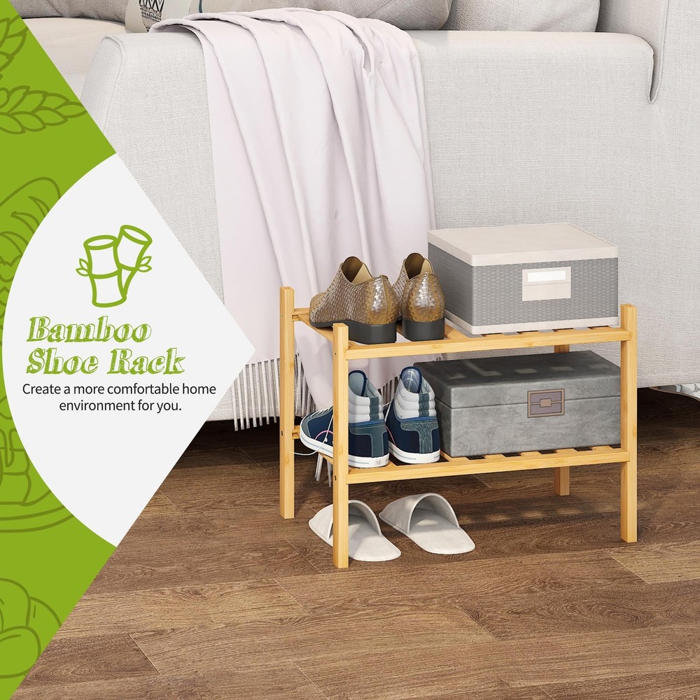 2-Tier Bamboo Small Shoe Rack Premium Stackable Shoe Shelf Storage Organizer ...