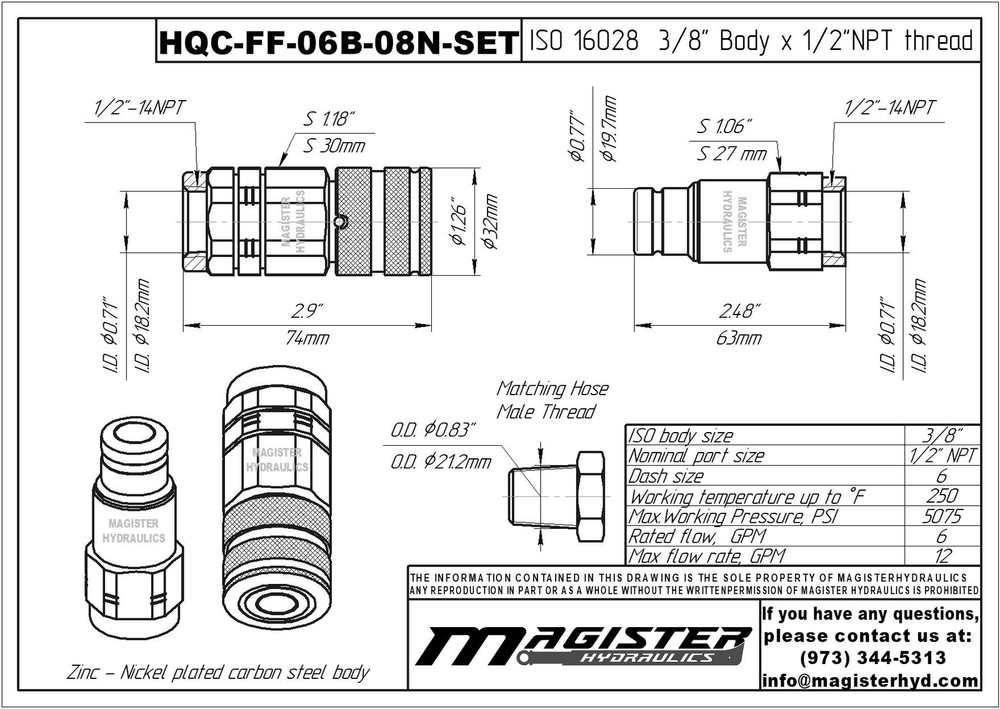 3/8″ Flat Face Hydraulic Quick Couplers Set - 1/2″ NPT Thread