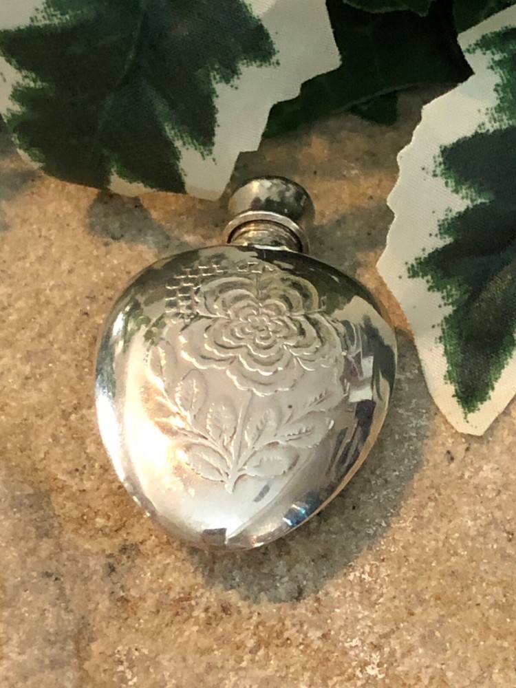 STERLING SILVER Large Perfume Decanter with Etched Flower Beautiful!