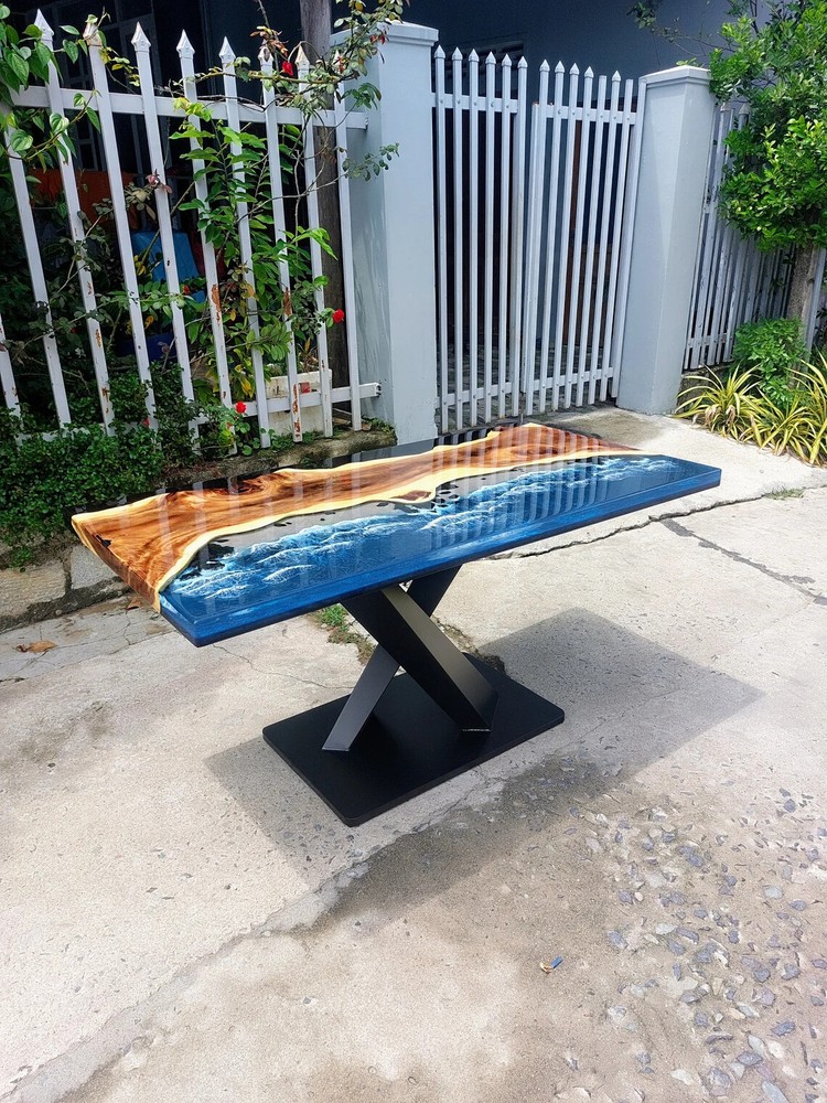 Personalized Unique Live Edge Resin Epoxy Table, Custom Blue Ocean Epoxy Resin