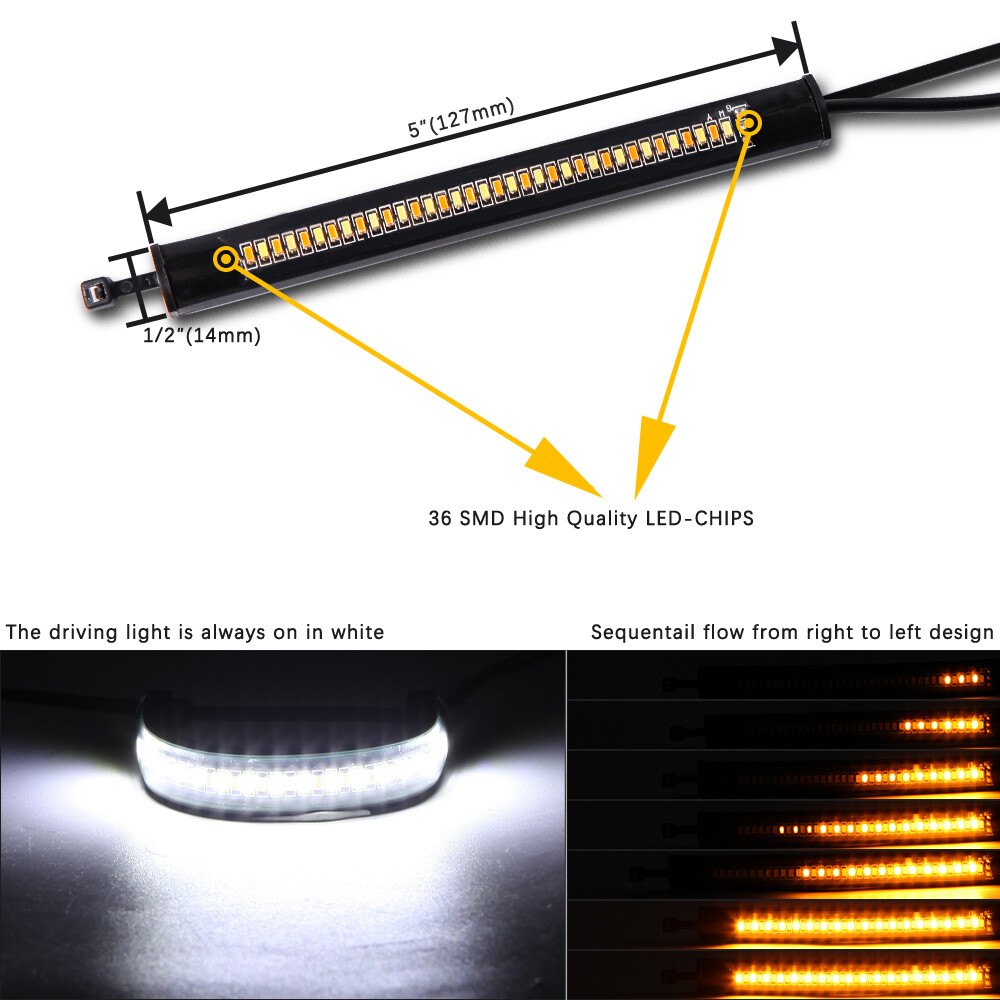 White/Amber Switchback LED Fork Turn Signal DRL Light Strips For Motorcycle 2pc