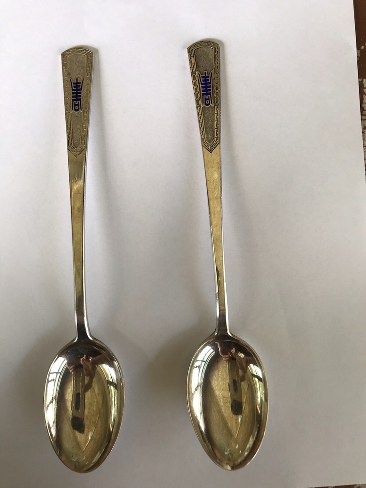 2 Vintage Solid Silver Korean Serving Spoons , Enameled Good Fortune, Hallmarked