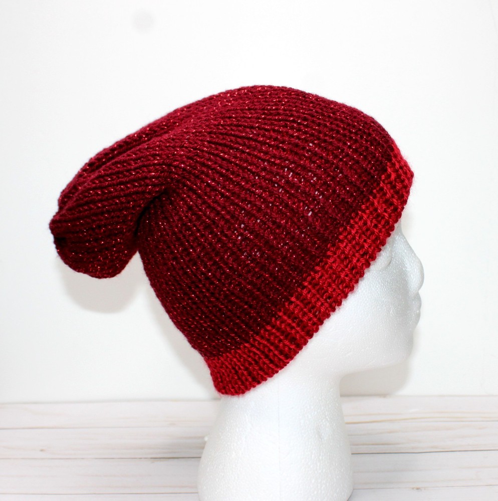 Hand Crocheted Red Glittery Yarn Hat, Double Sided / Reversable Use