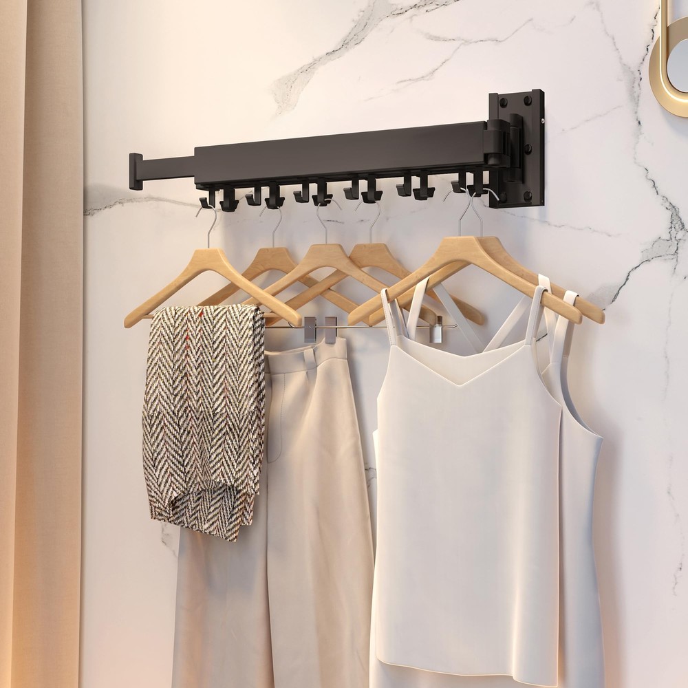 Wall Mounted Retractable Clothes Drying Rack Folding J Shape Hooks for Laundry