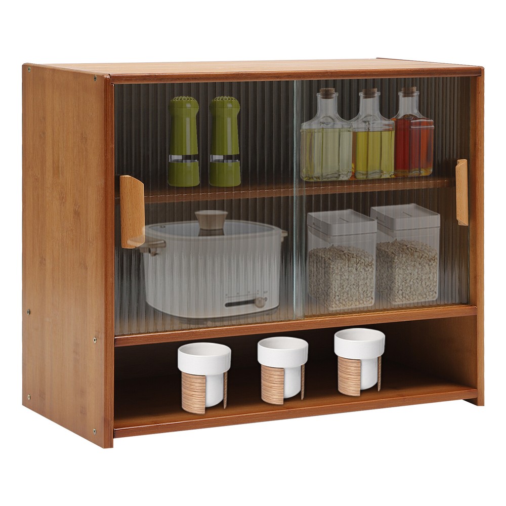 Small Bamboo Kitchen Pantry Sideboard with Sliding Doors and Ample Storage