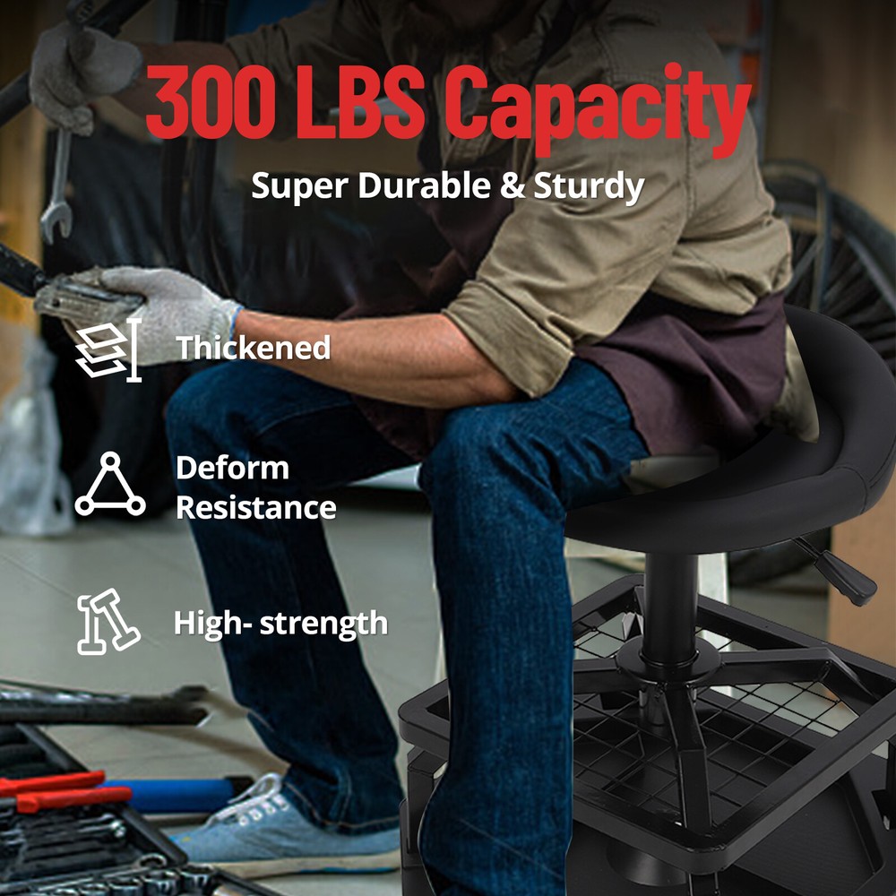 Rolling Garage Stool 300LBS Capacity Ample Tool Tray Storage Adjustable Height