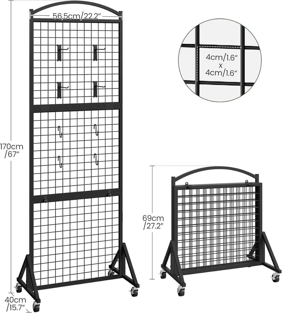 Foldable Grid Wall Panel 1.9' x 5.6', Movable Display Rack with Hooks, Black