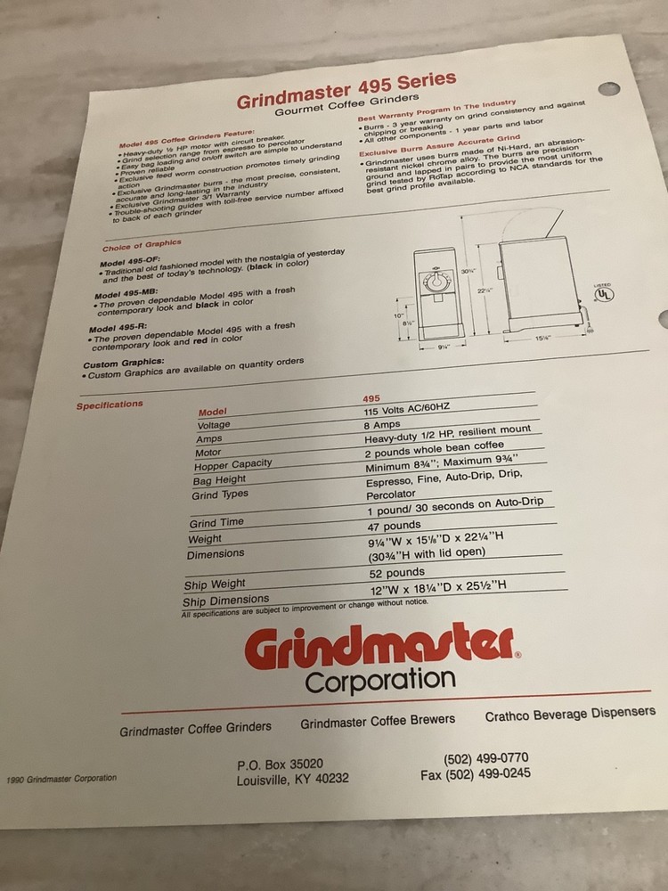 GrindMaster Model 495 Commercial Coffee Grinder. “Big Red”