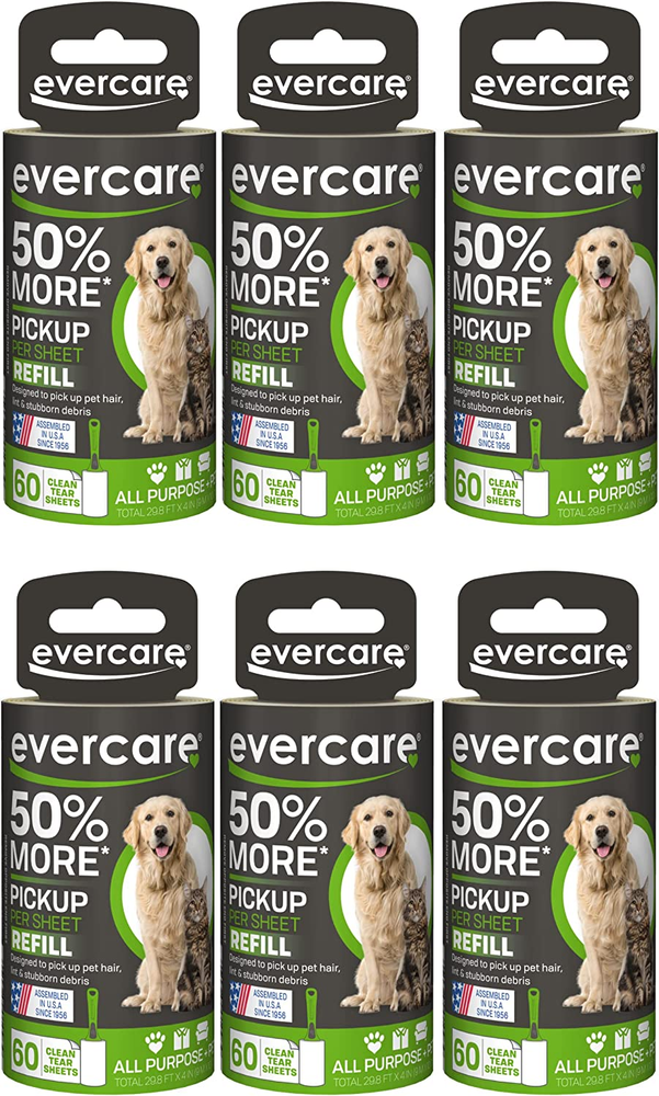 Evercare Extra Sticky Pet Lint Roller Refill 60 Sheets, 6-Pack