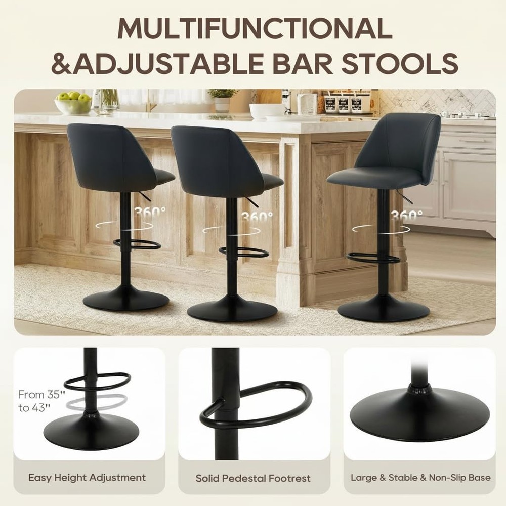 Adjustable Bar Stools, Modern PU Leather Bar Chairs with Curved Mid-Back, 360...