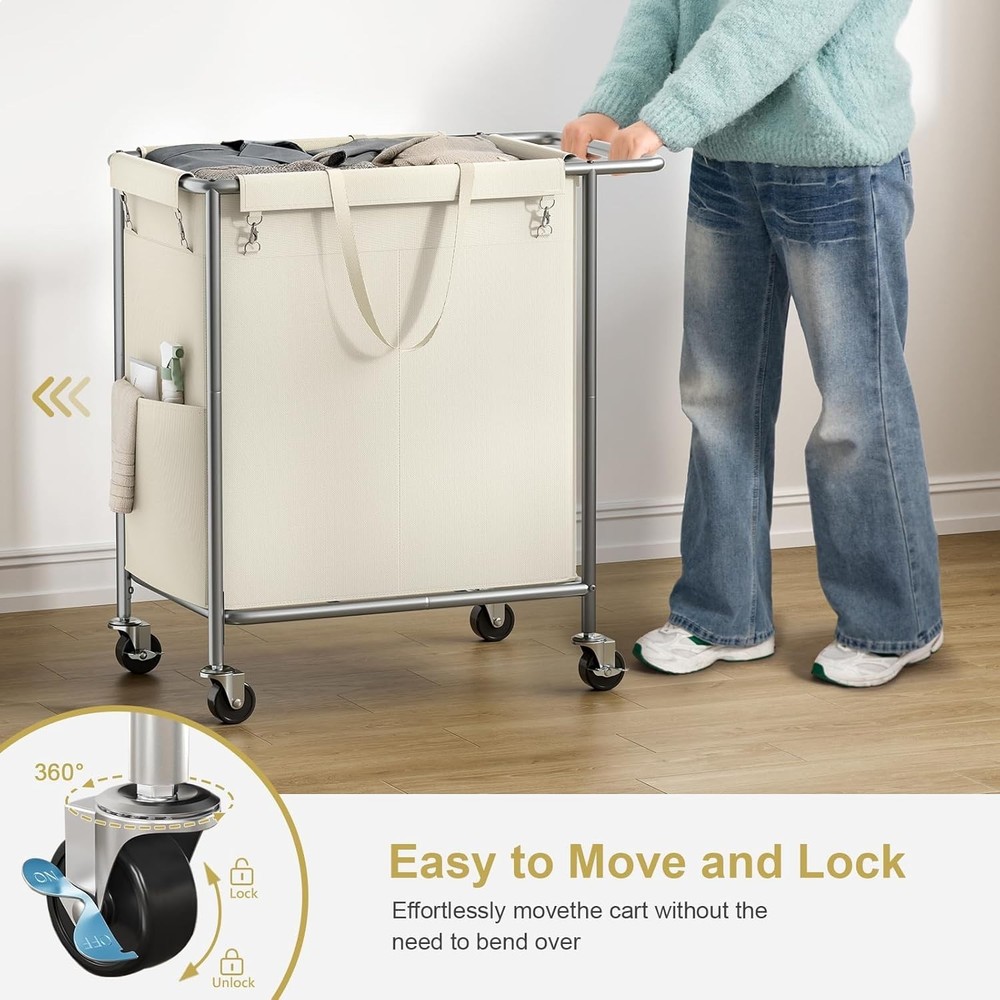 Double Laundry Hamper W/ Wheels,200L Rolling Laundry Basket 2 Section