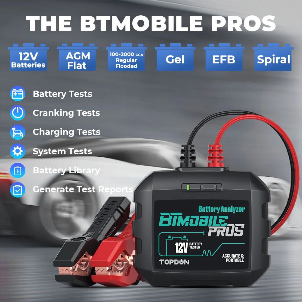 TOPDON BTMobile Pros Bluetooth 12V Battery Tester 100-2000 CCA Load Analyzer App