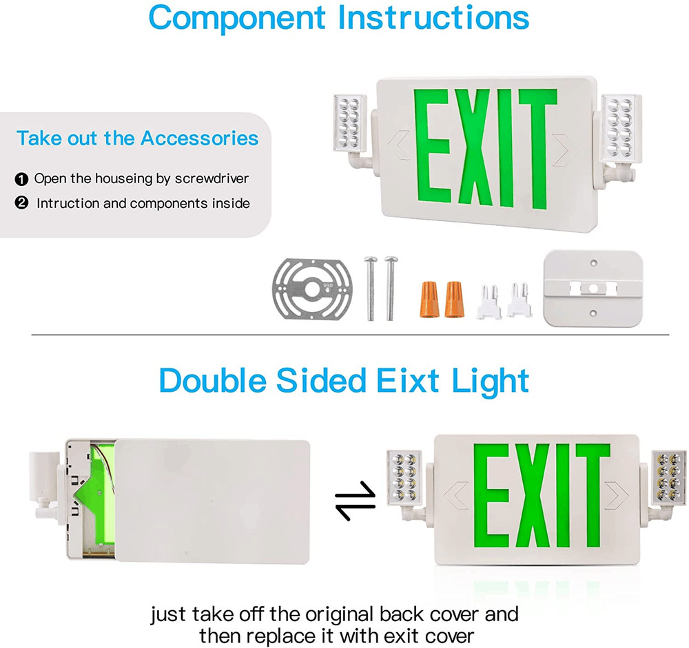 UL Listed 2 Packs Led Green Exit Sign Combo with Battery Backup Exit Lighting.