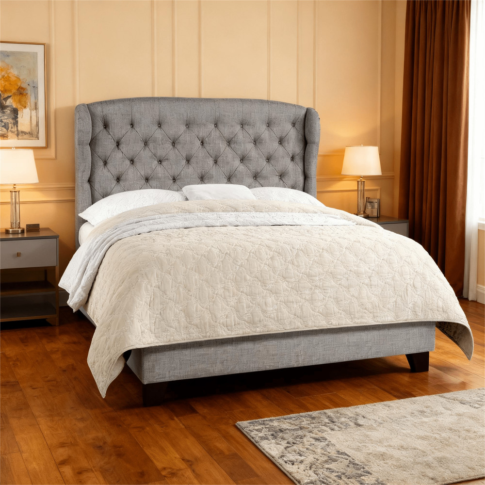 King Size Upholstered Platform Bed Frame W/ Adjustable Wingback Headboard Box