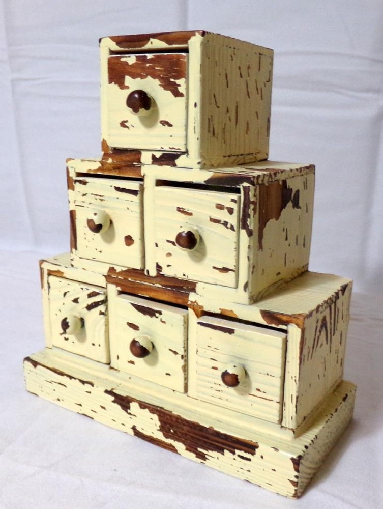Folk Art Chippy White Paint Wood Storage Stacked Cube Sewing Box