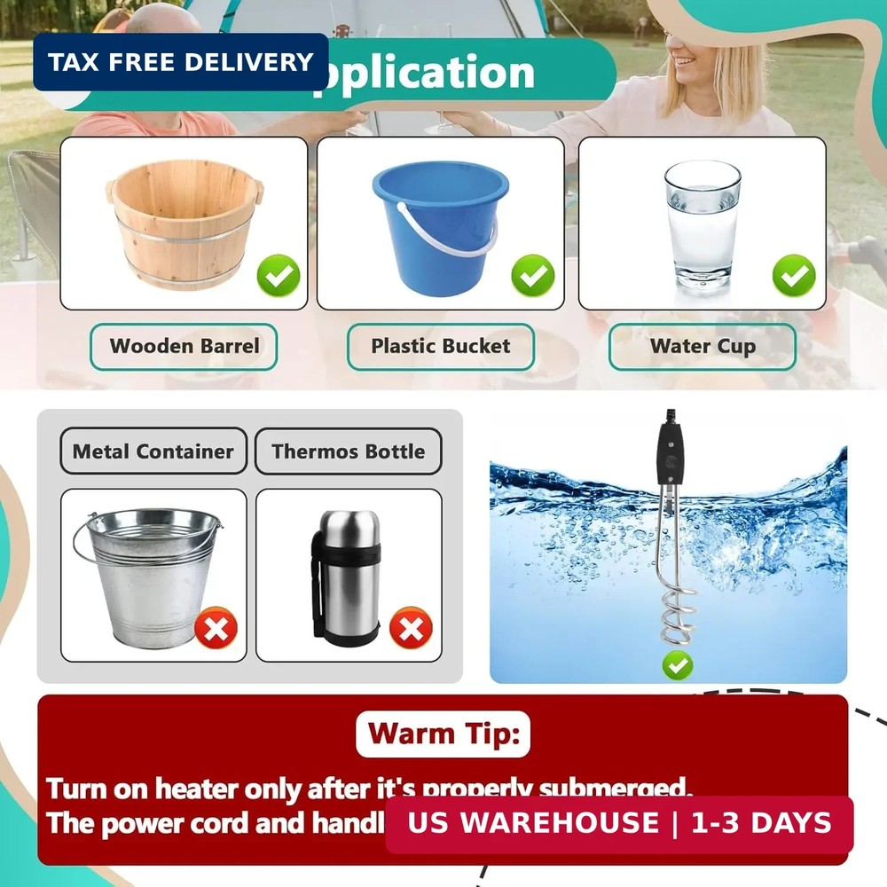 2 Pcs 1000W-110V Immersion Water Heater - 10in Immersion Electric Water Heater -