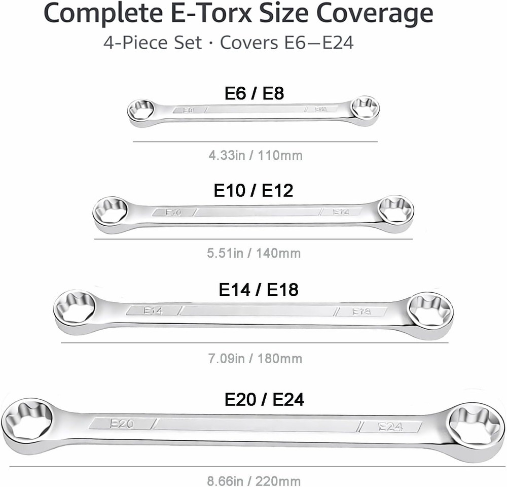 E Torx Wrench Set, Double Box End Torx Wrenches, E6-E24 (E6Xe8, E10Xe12, E14Xe18