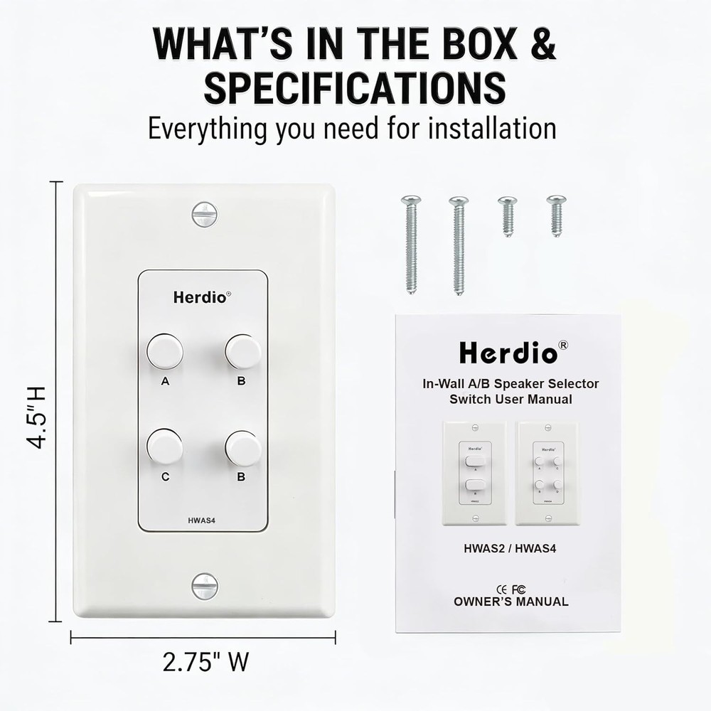 Herdio in-Wall 4 Channel Speaker Selector Switch Home Audio Speakers Controller