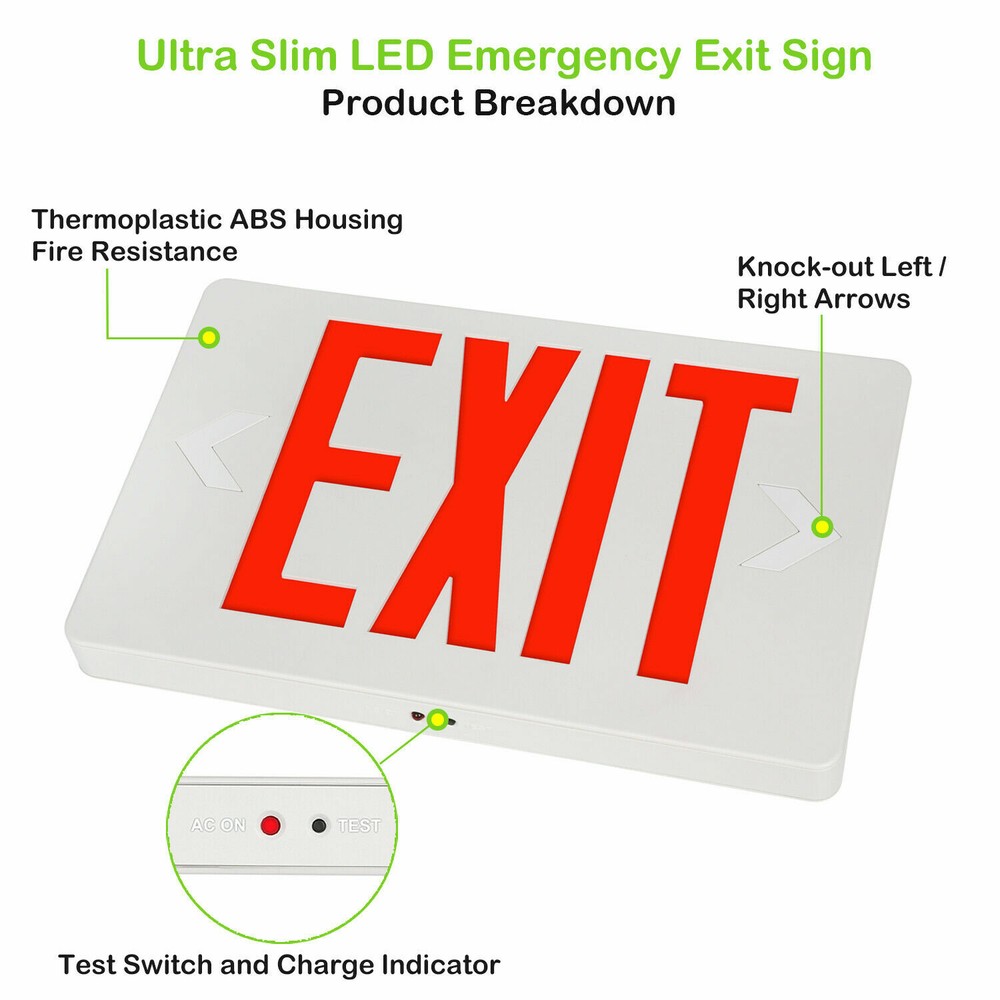 Red LED Emergency Exit Light Sign - Modern Battery Backup UL-94V Fire Resistance