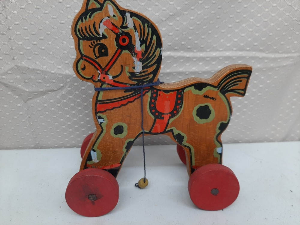 Vintage 1940s Wood WWII Pony 8" Pull Toy