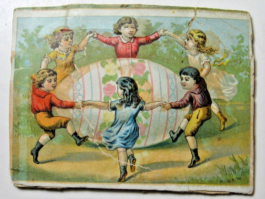 1883 Easter Card with Dancing Children Around Large Decorative Egg