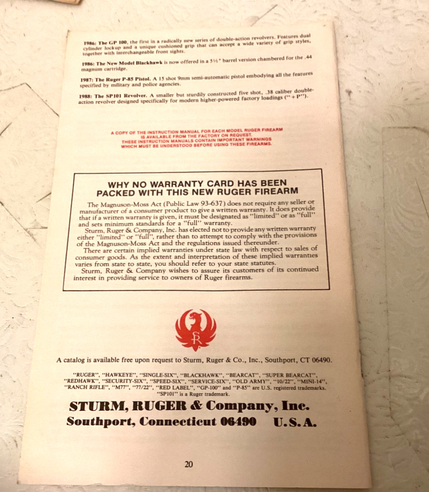 ORIGINAL STURM RUGER & CO INSTRUCTION MANUALS