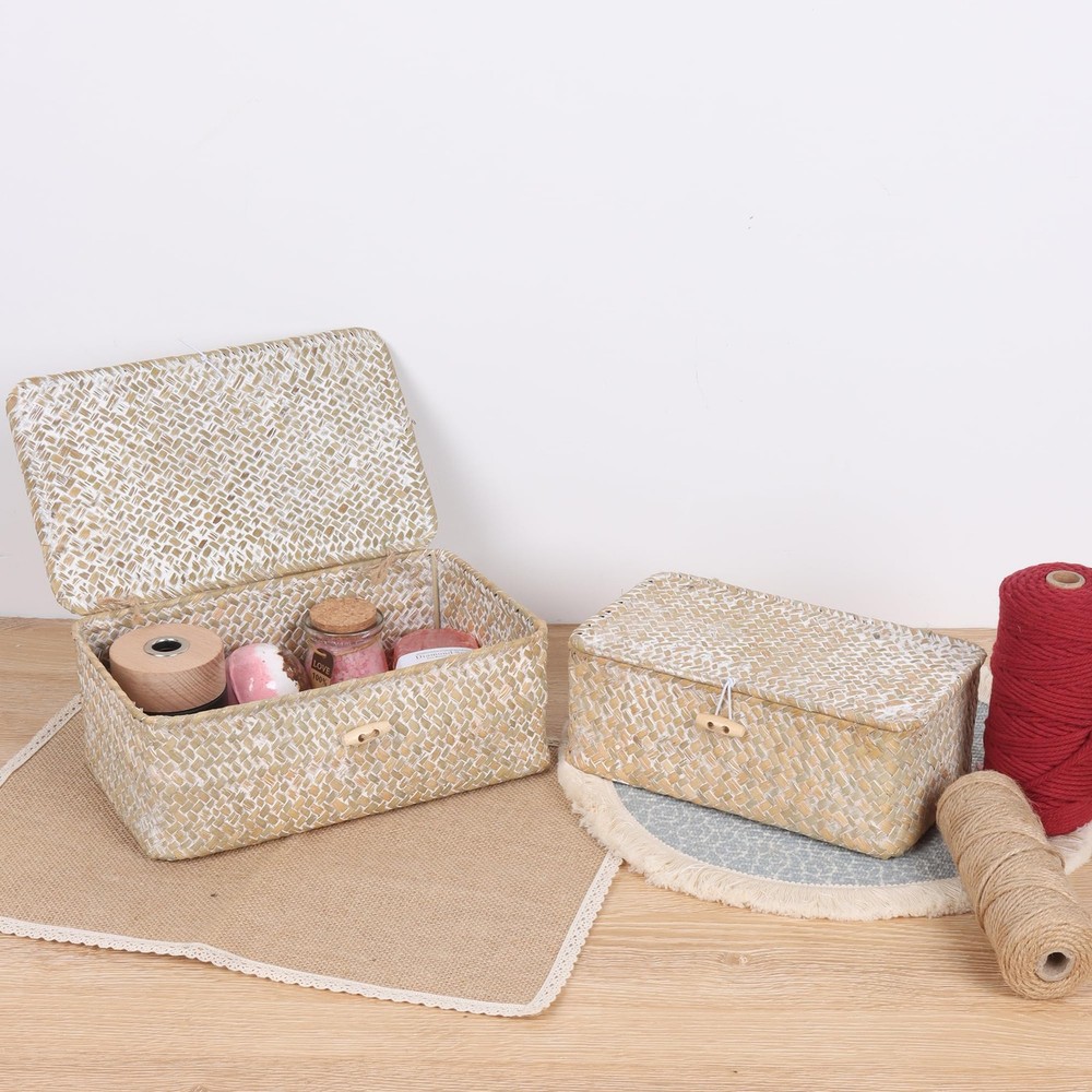 Feialnduo Wicker Shelf Baskets With Lidseagrass Storage Basket Bins Rectangular