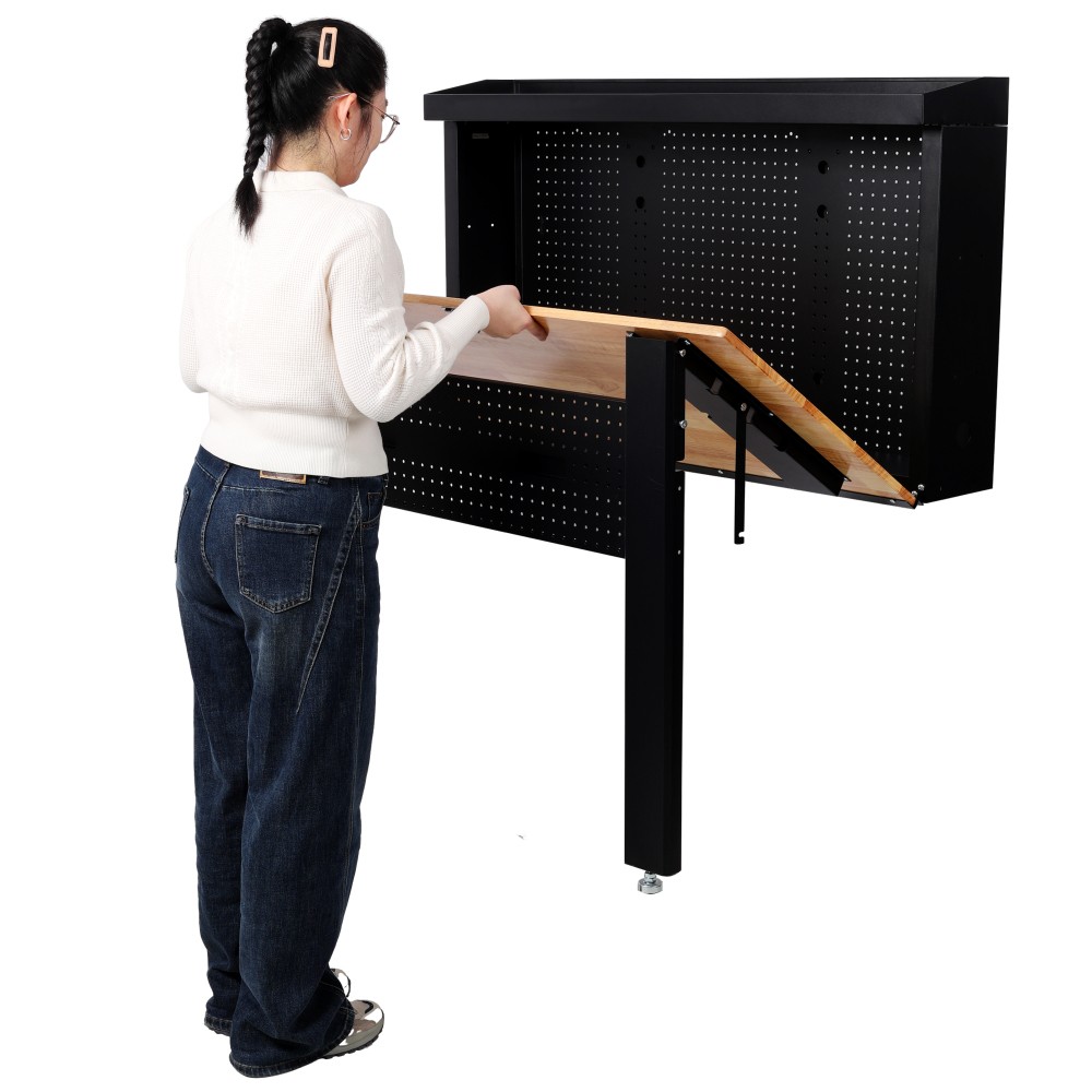 Foldable Wall Workbench w/ Rubberwood Surface & Pegboard Tool Storage
