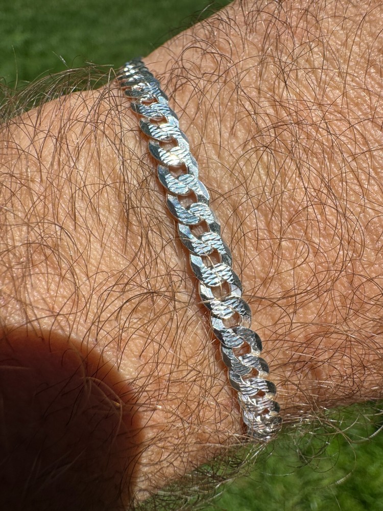 Real Solid 925 Silver Flat Diamond Cut Curb Cuban Link Bracelet 4-8mm