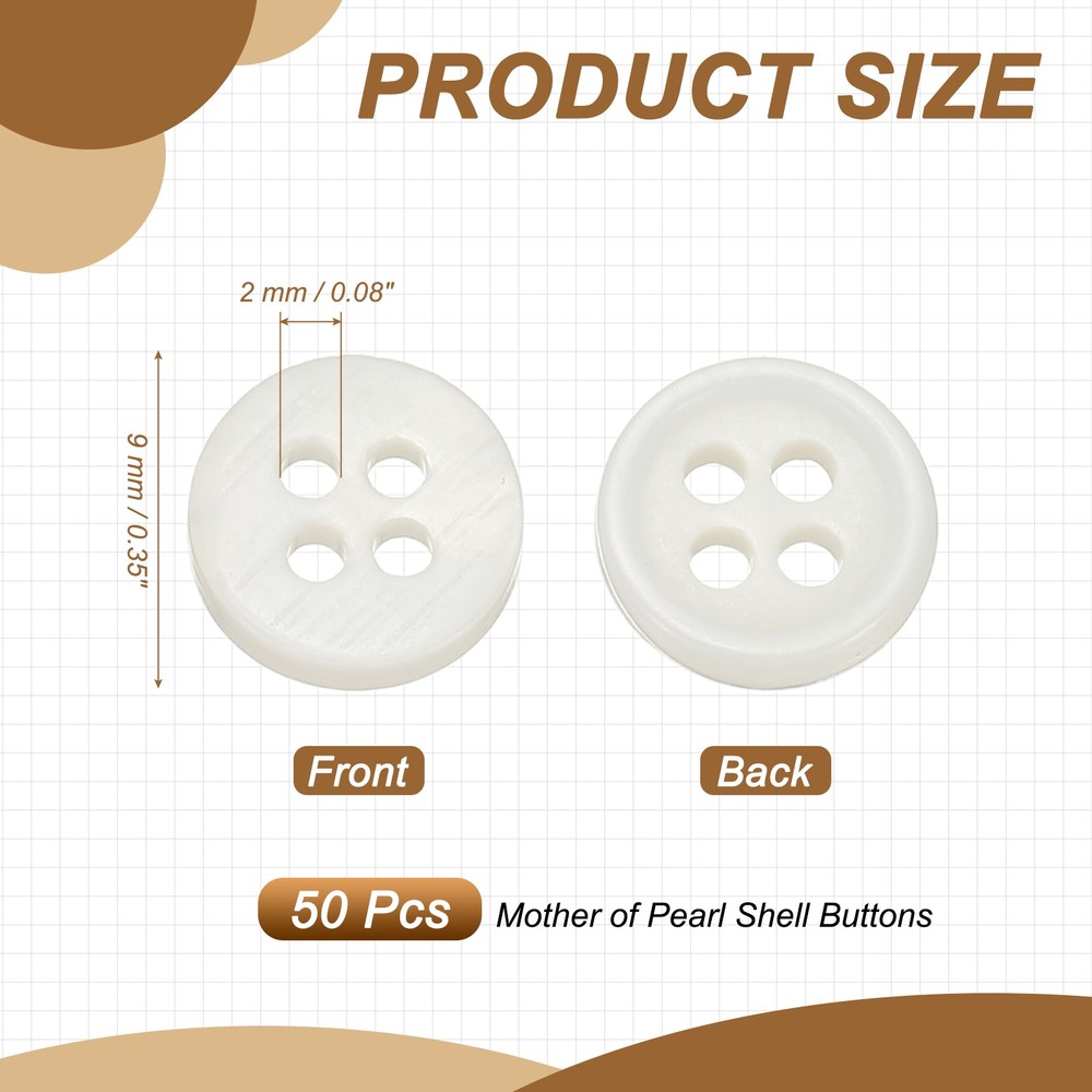 Natural Shell Button 4 Hole Shell Round Sewing Buttons 9 mm & 50 Pack & White