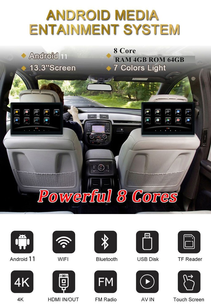 2Pcs Headrest Monitors Car Rear Seat Multimedia MP5 Player Display Touch Screen