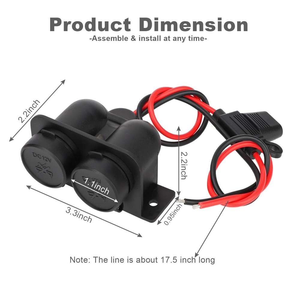 1PCS Cigarette Lighter Socket with Blade Fuse, 2-Socket Black-1P