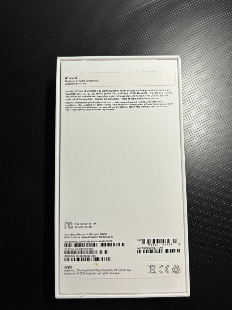 iPhone 14 Midnight 128GB (Box Only) NO PHONE