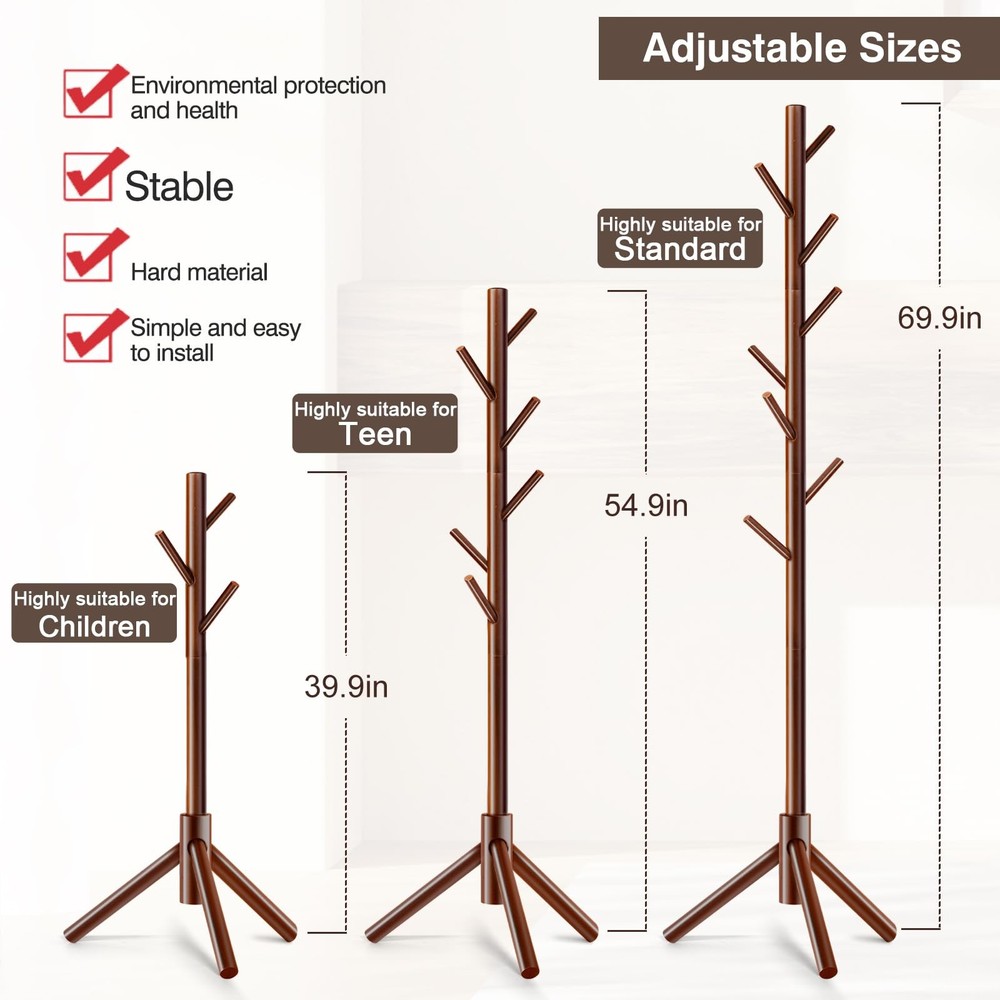 Coat Rack, Freestanding Coat Rack with 8 Hooks and 3 Adjustable Size Tree Coa...