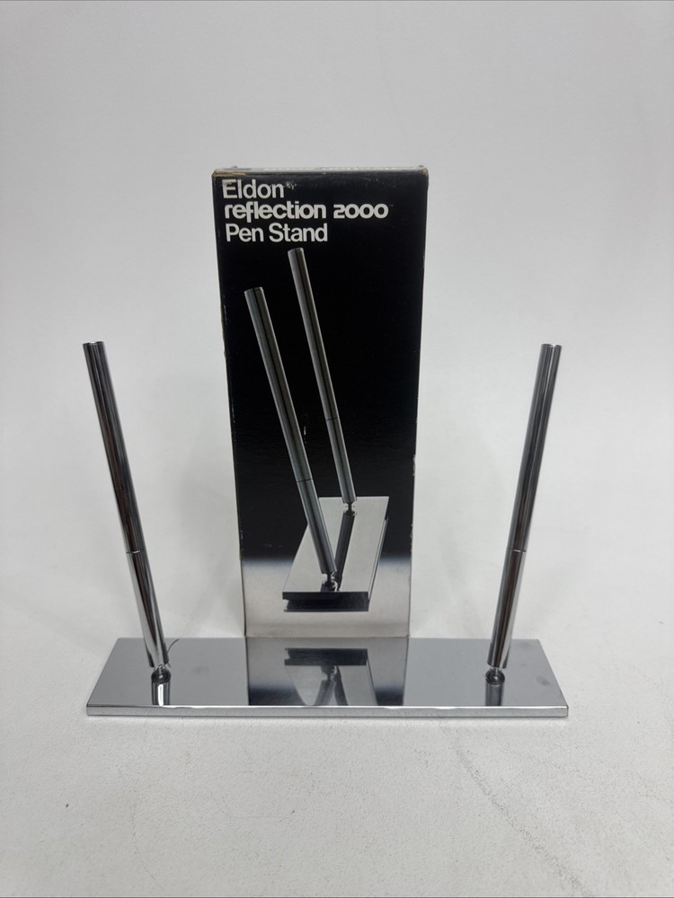 Vintage 1976 Eldon Reflection 2000 Chrome Pen Holder 2 Pens