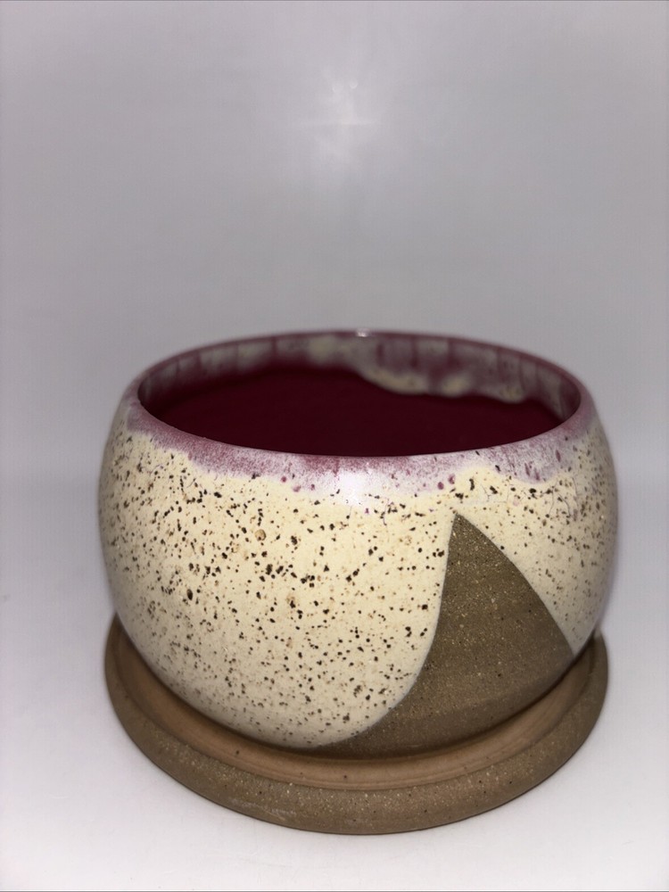 Pottery Planter Tan Speckled & Brown with Glazed Interior
