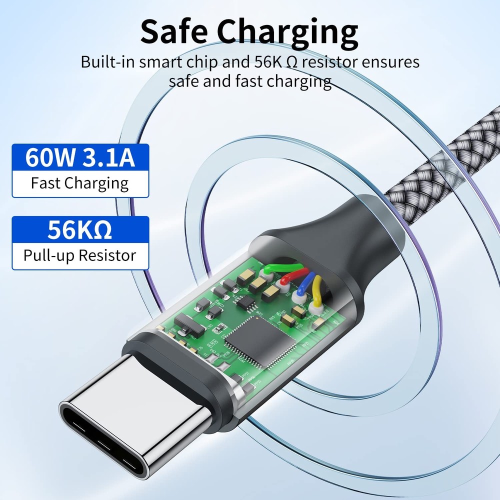 USB C to C Cable (3 Pack 1ft),Short Type C Fast Charging Nylon 1FT, Grey