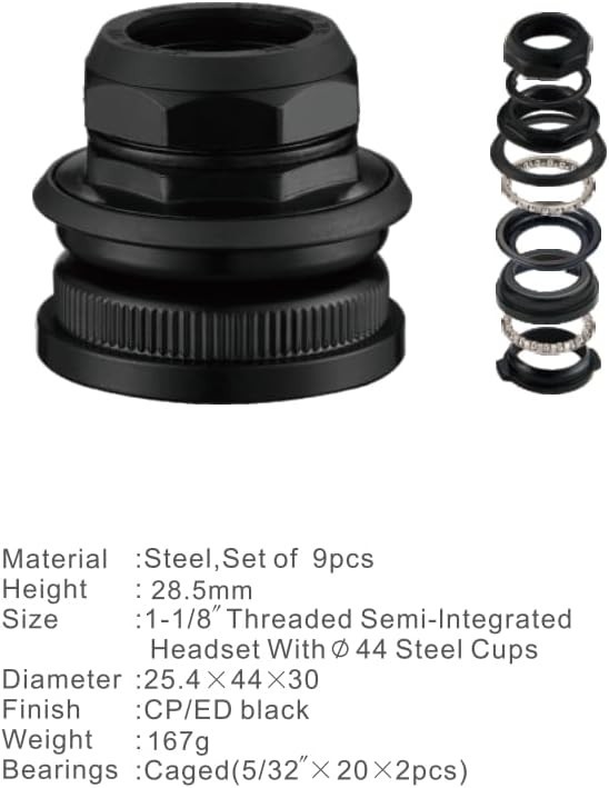 1-1/8" Threaded Bicycle Headset Combo 9pcs, Front Bike Fork Bowl Set