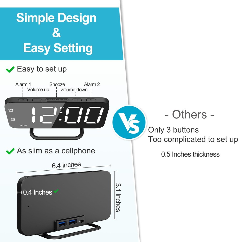 Slim LED Digital Alarm Clock, Mirror Surface for Makeup, with Diming, Large D...