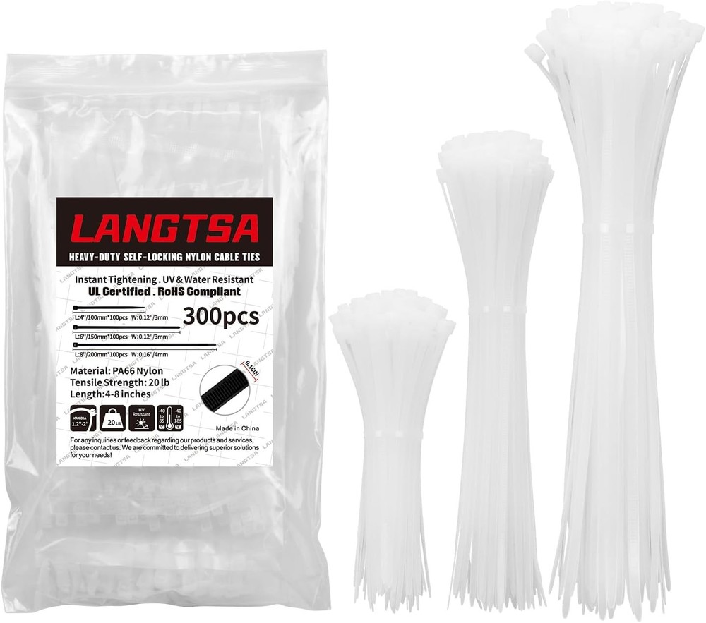 Cable Ties Assorted 300PK, LANGTSA Nylon White