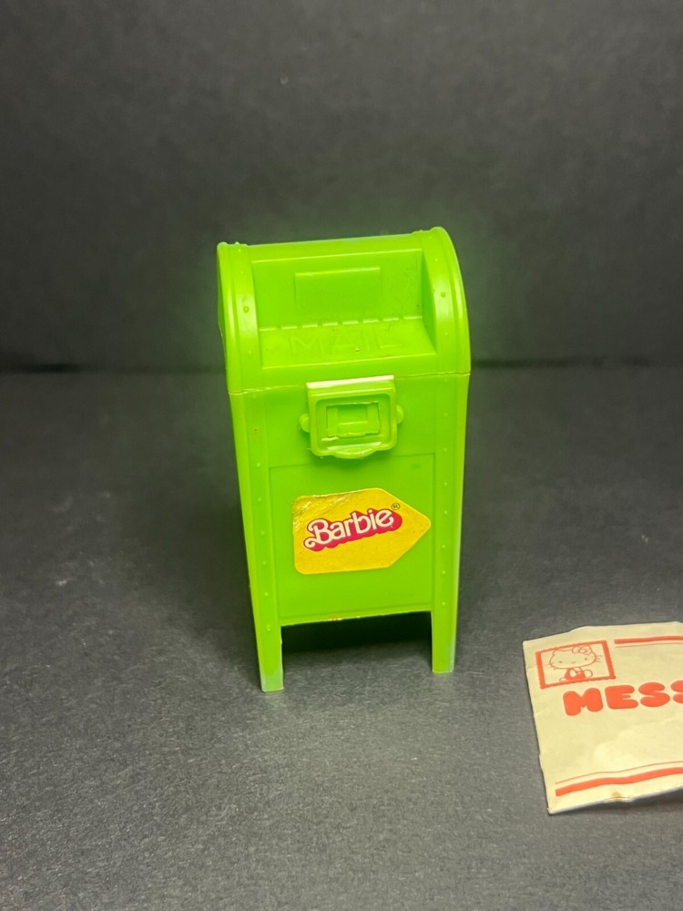 Vintage 1980s Barbie Fleer Green Mailbox Candy Container & Hello Kitty Envelope