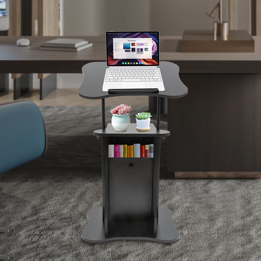 Height Adjustable Mobile Laptop Podium with Tilting Desktop & Storage